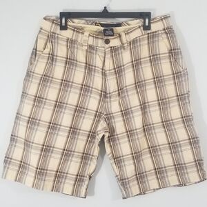 Nautica Jean's Company Mens Bermuda Shorts. Blue, Brown, & Tan Plaid. Waist 33".